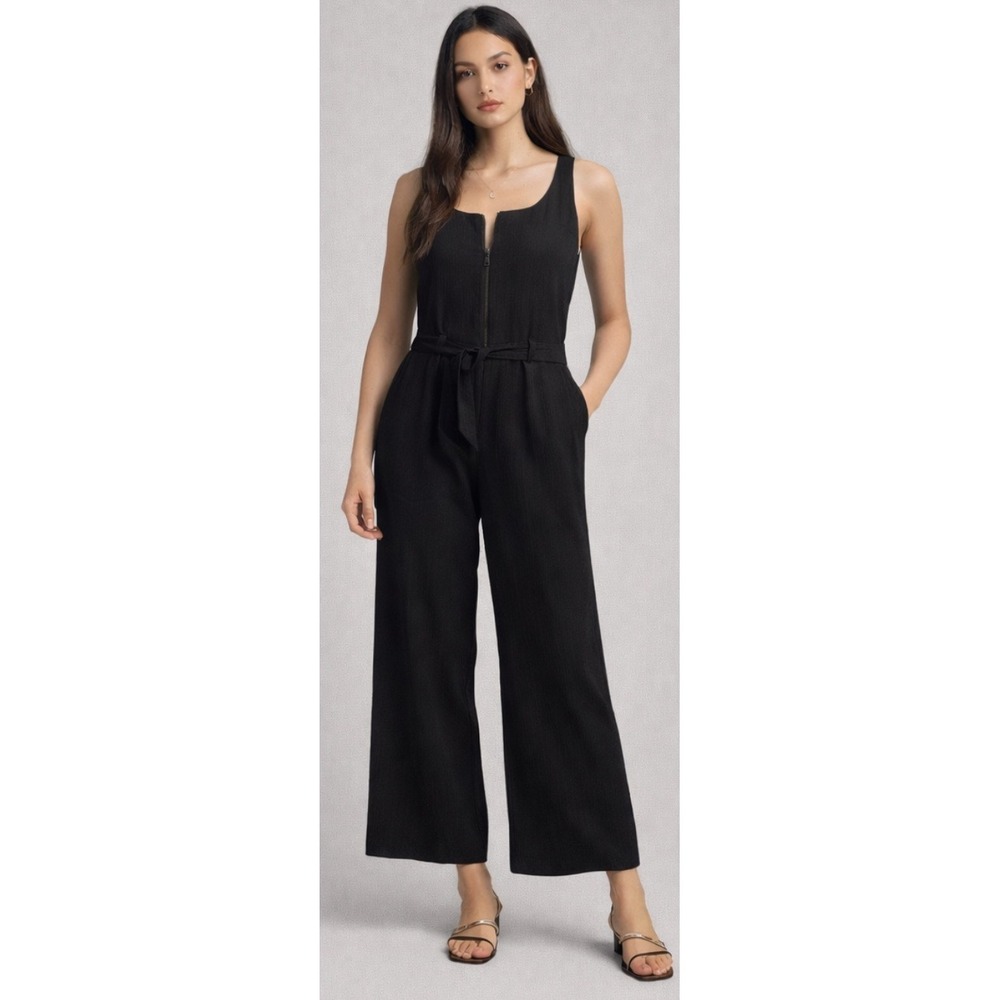 Melloday Belted Zip Front Jumpsuit Black Small‎ NWT Tie Waist Wide Leg